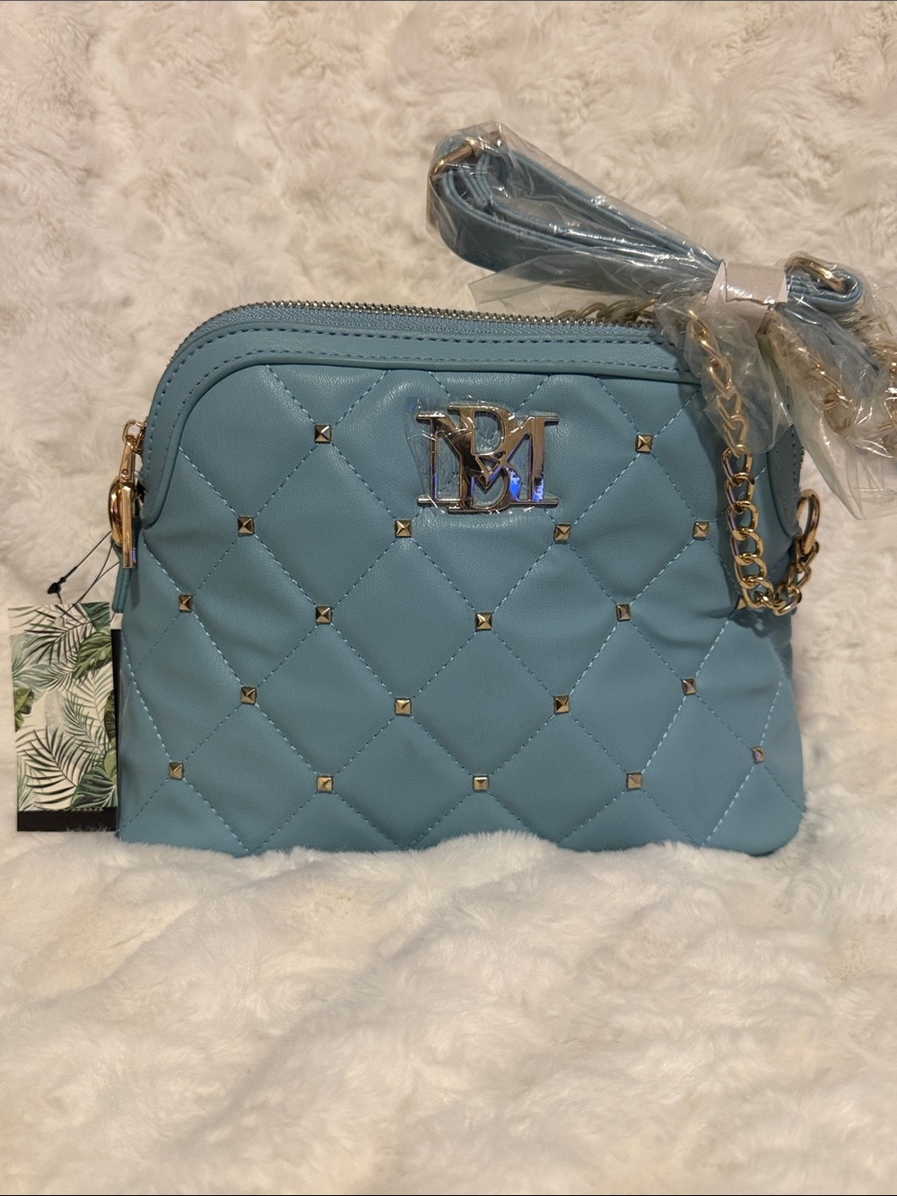 Badgley Mischka Quilted Light Blue Crossbody with Gold Hardware